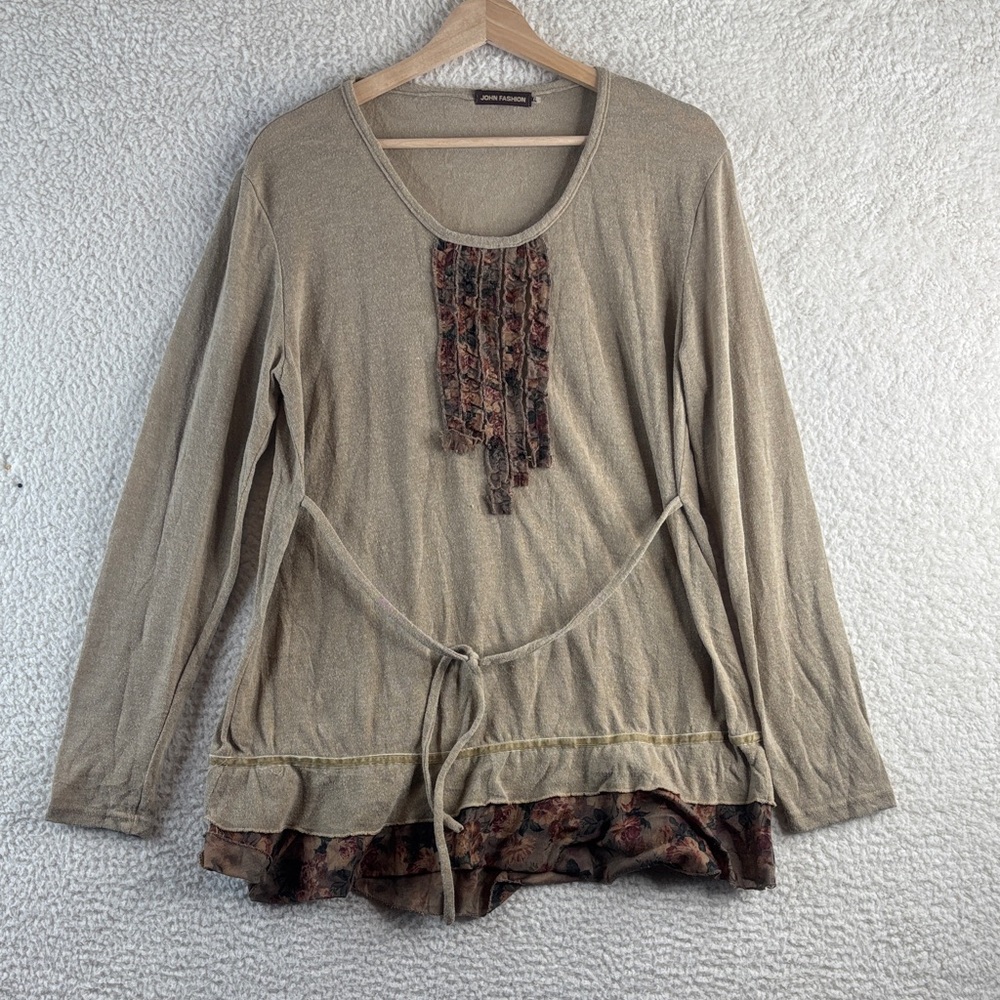John Fashion Womens Tan Embroidered Floral Long Sleeve Tunic Top XL XLARGE